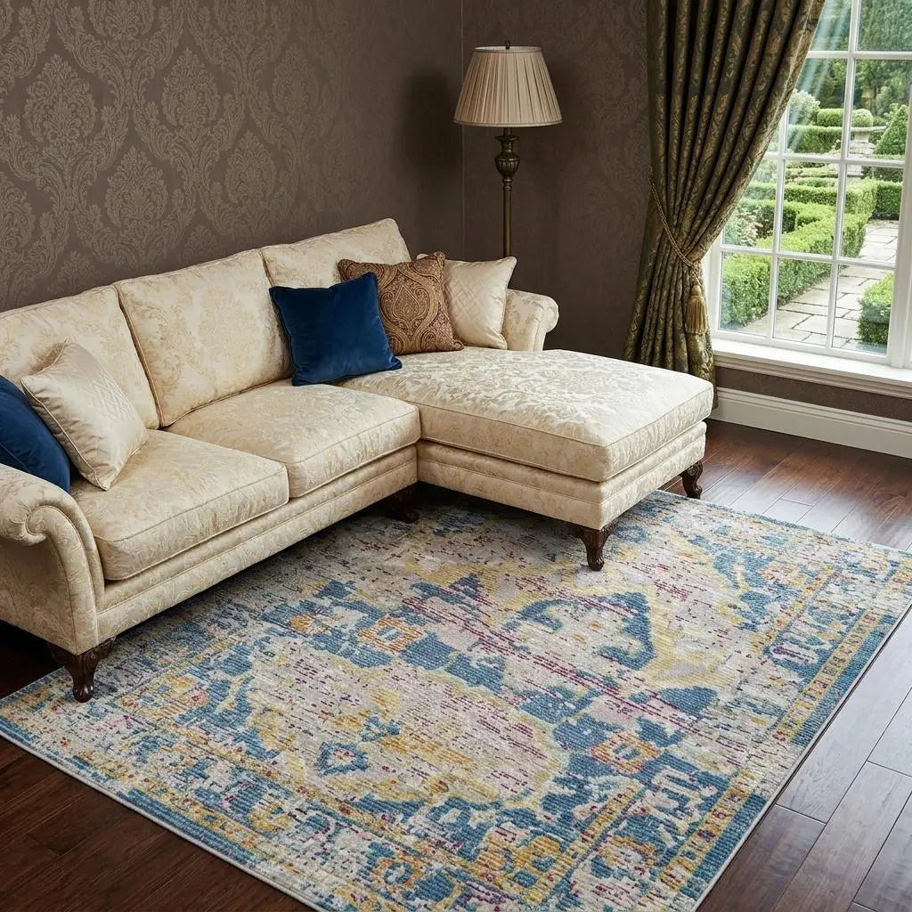 9' X 12' Blue Gray Cream Rust And Gold Medallion Area Rug Homeroots Home Decor