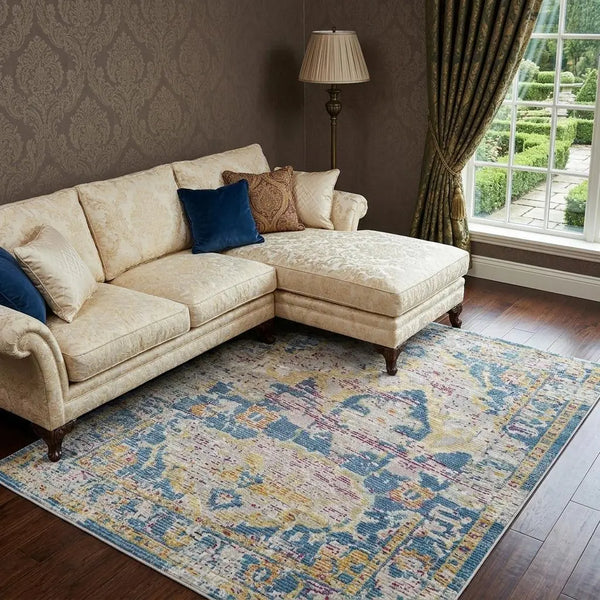 9' X 12' Blue Gray Cream Rust And Gold Medallion Area Rug Homeroots Home Decor