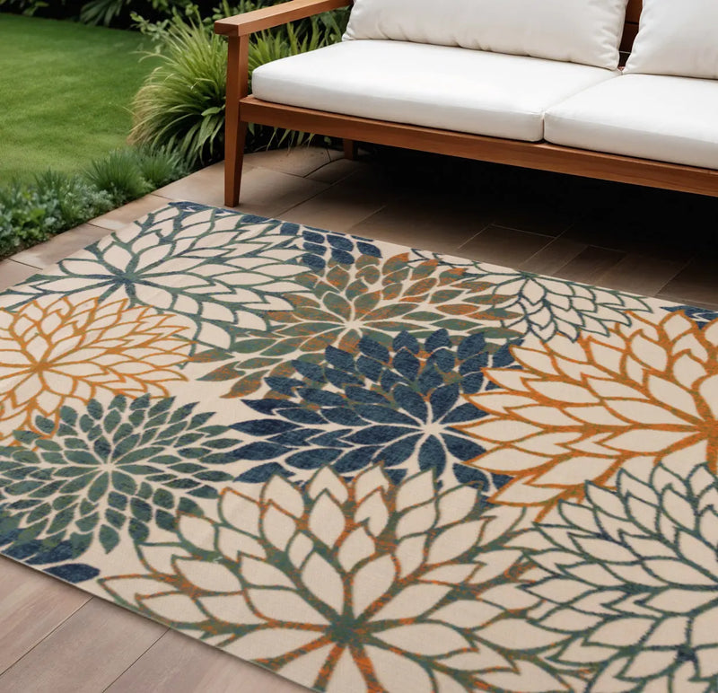 9' X 12' Blue Green Ivory And Orange Floral Indoor Outdoor Area Rug Homeroots Outdoor