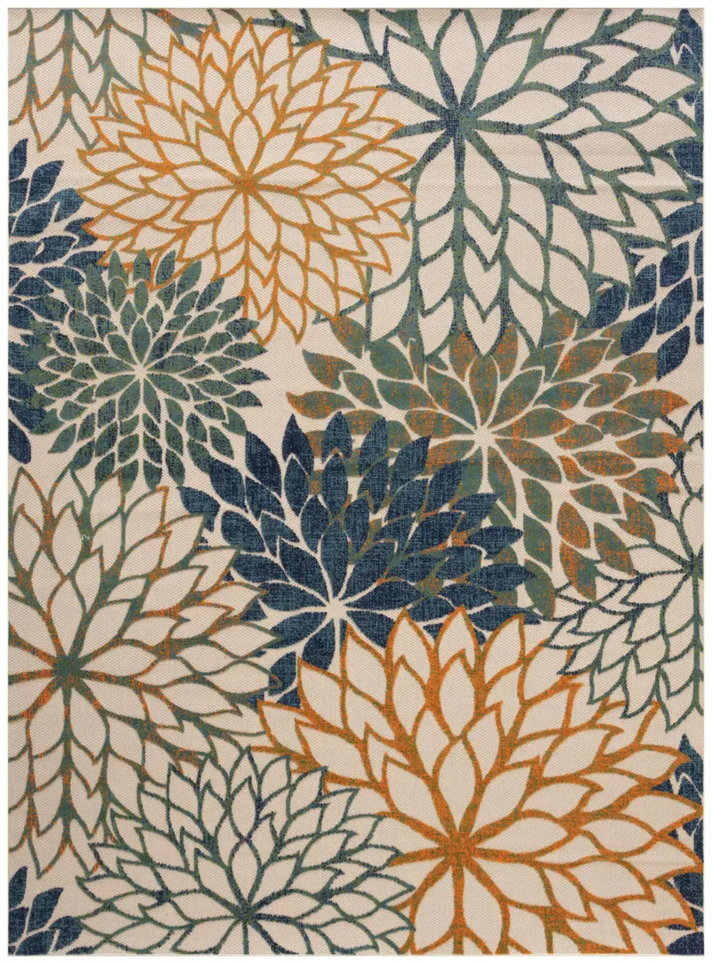 9' X 12' Blue Green Ivory And Orange Floral Indoor Outdoor Area Rug Homeroots Outdoor