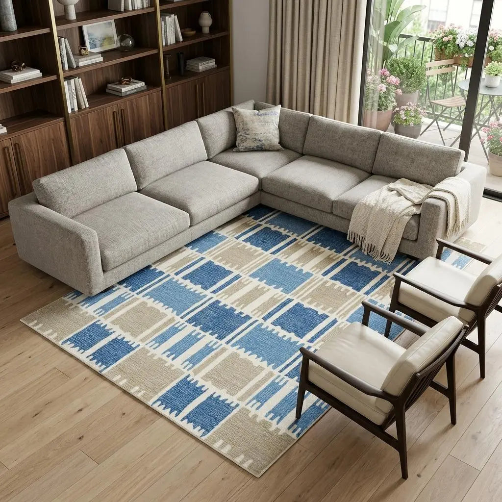9' X 12' Blue Ivory And Beige Wool Geometric Hand Tufted Area Rug Homeroots Home Decor