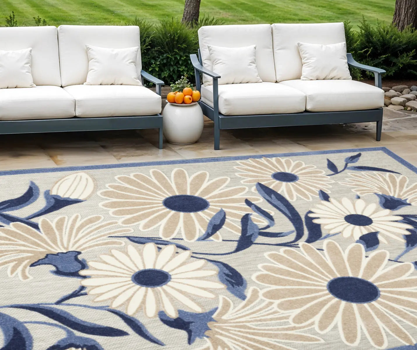 9' X 12' Blue and Gray Floral Non Skid Indoor Outdoor Area Rug Homeroots Outdoor
