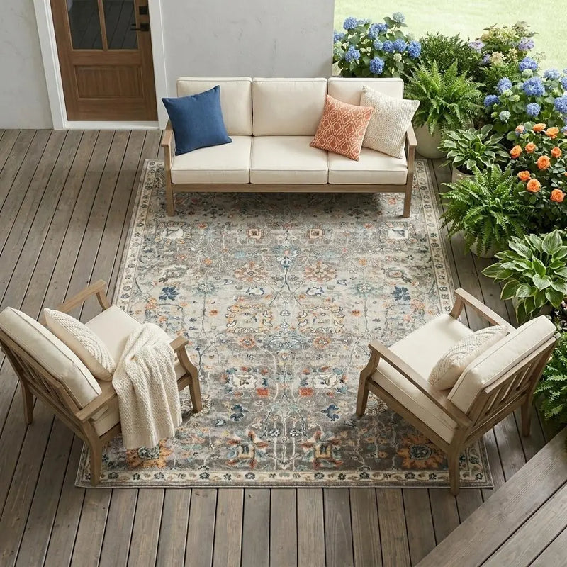 9' X 12' Blue and Orange Floral Stain Resistant Indoor Outdoor Area Rug Homeroots Outdoor