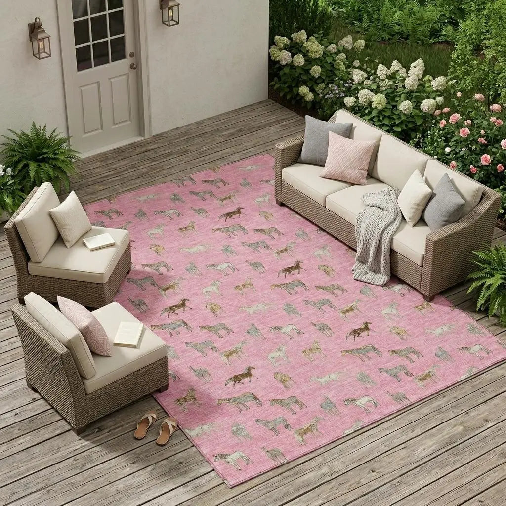 9' X 12' Blush And Beige Horse Washable Indoor Outdoor Area Rug Homeroots Outdoor
