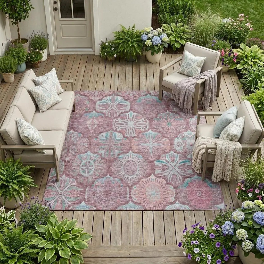9' X 12' Blush And Pink Ogee Washable Indoor Outdoor Area Rug Homeroots Outdoor