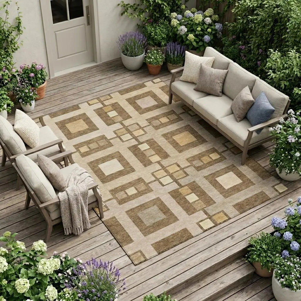 9' X 12' Brown And Beige Geometric Washable Indoor Outdoor Area Rug Homeroots Outdoor