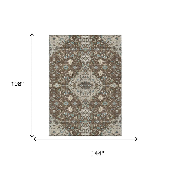 9' X 12' Brown And Beige Medallion Washable Indoor Outdoor Area Rug Homeroots Outdoor