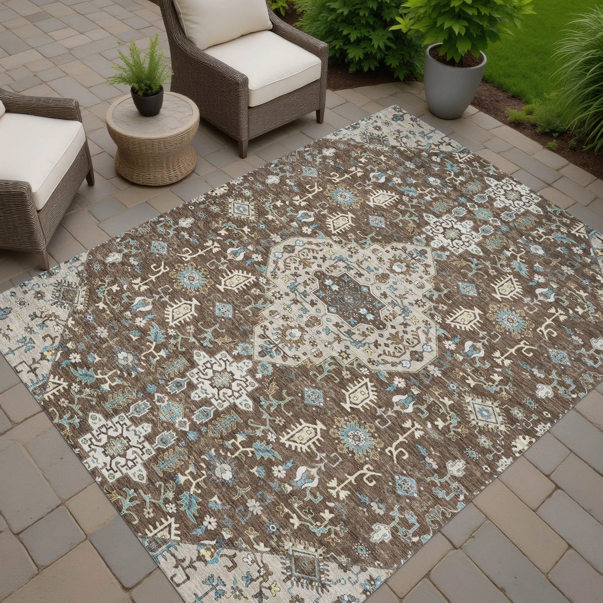 9' X 12' Brown And Beige Medallion Washable Indoor Outdoor Area Rug Homeroots Outdoor