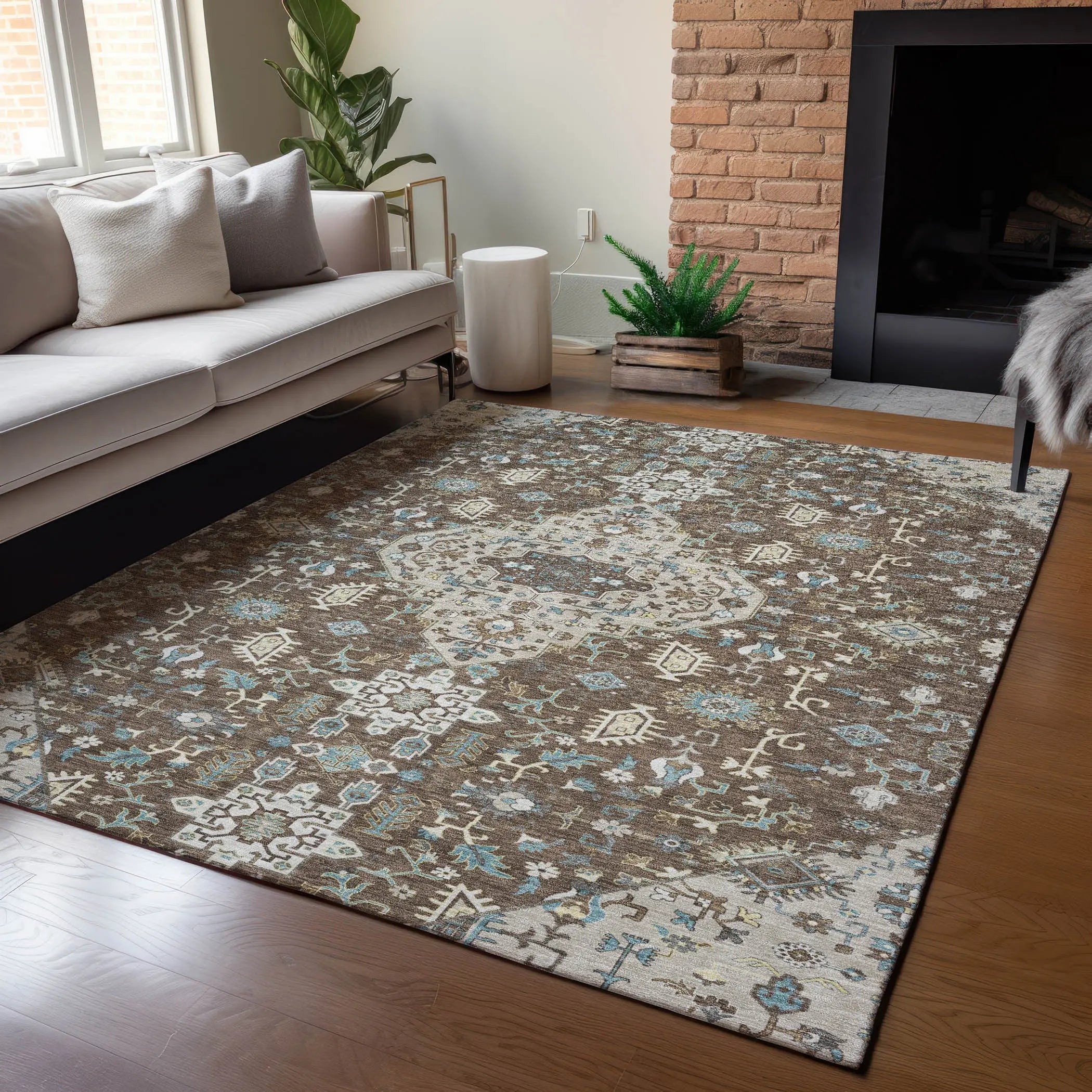 9' X 12' Brown And Beige Medallion Washable Indoor Outdoor Area Rug Homeroots Outdoor