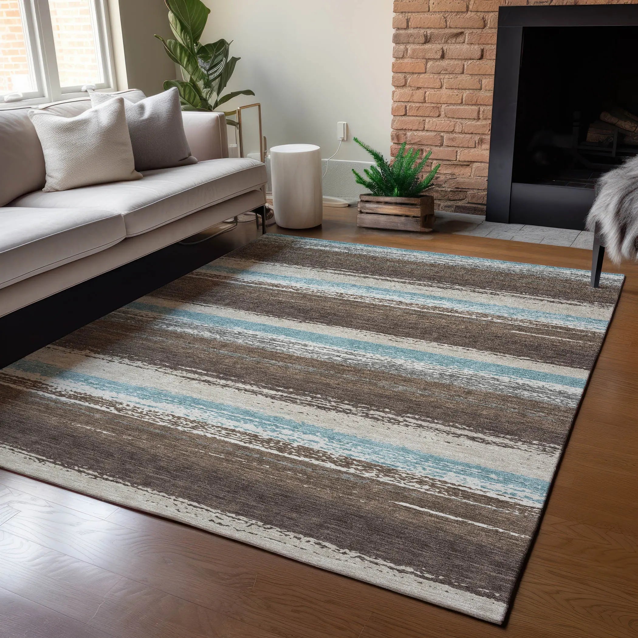 9' X 12' Brown And Beige Striped Washable Indoor Outdoor Area Rug Homeroots Outdoor