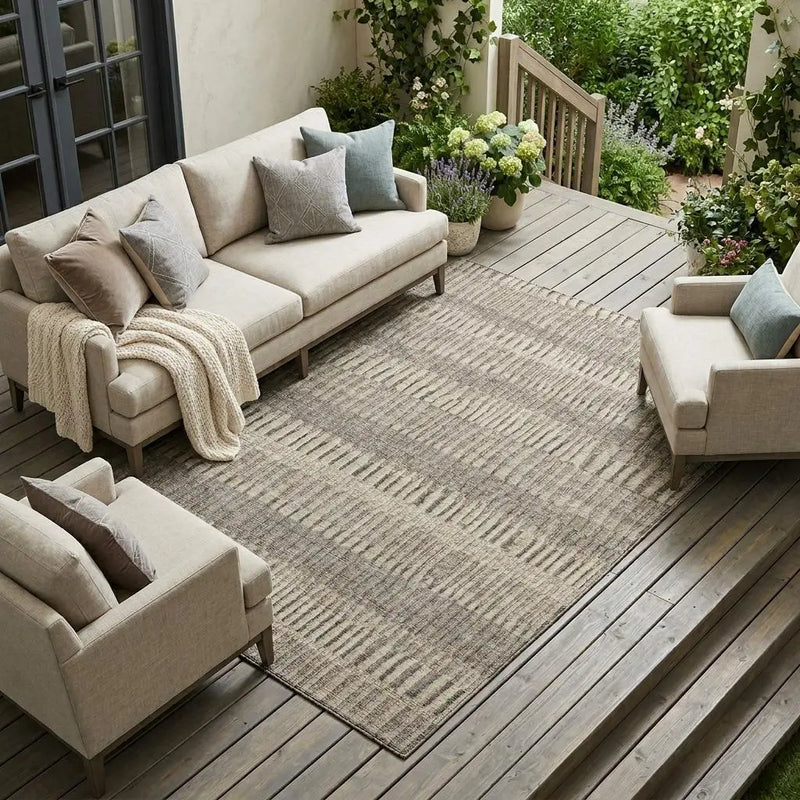 9' X 12' Brown And Beige Striped Washable Indoor Outdoor Area Rug Homeroots Outdoor