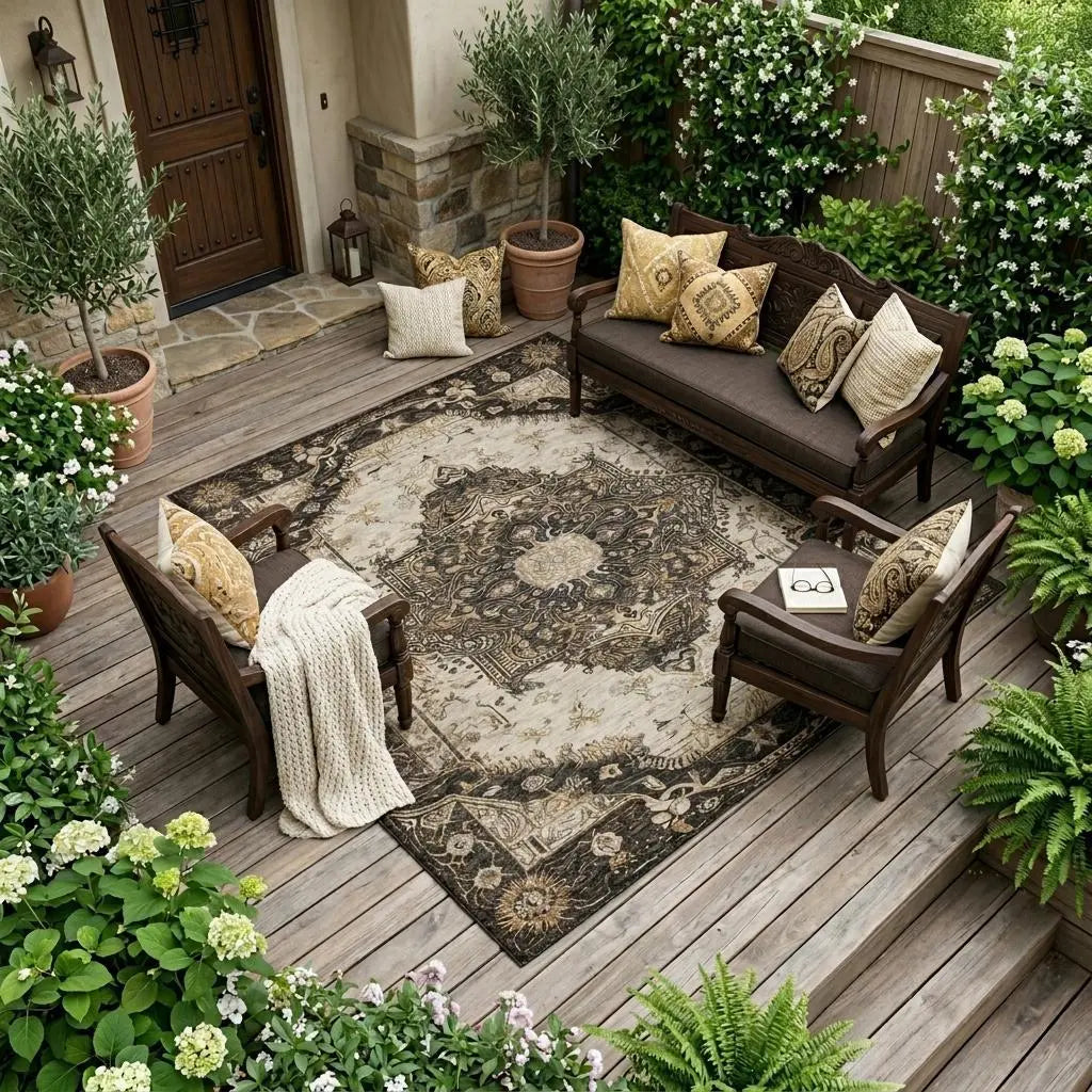 9' X 12' Brown And Chocolate Floral Medallion Washable Indoor Outdoor Area Rug Homeroots Outdoor