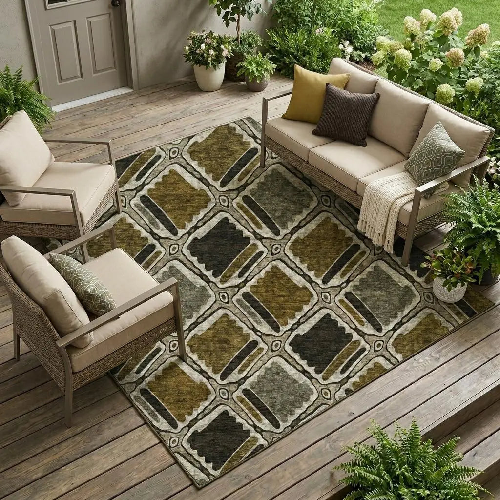9' X 12' Brown And Chocolate Geometric Washable Indoor Outdoor Area Rug Homeroots Outdoor