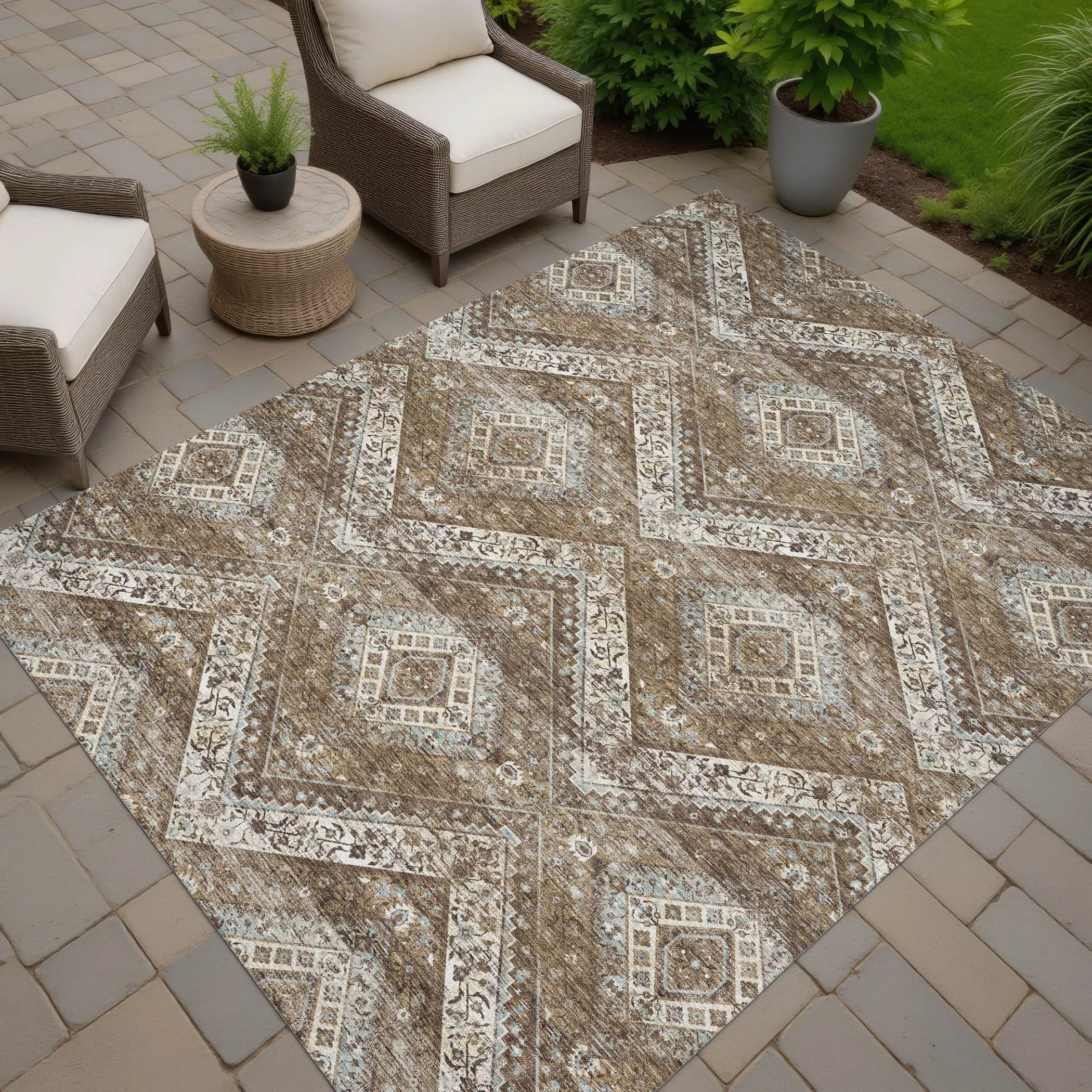 9' X 12' Brown And Chocolate Tribal Washable Indoor Outdoor Area Rug Homeroots Outdoor
