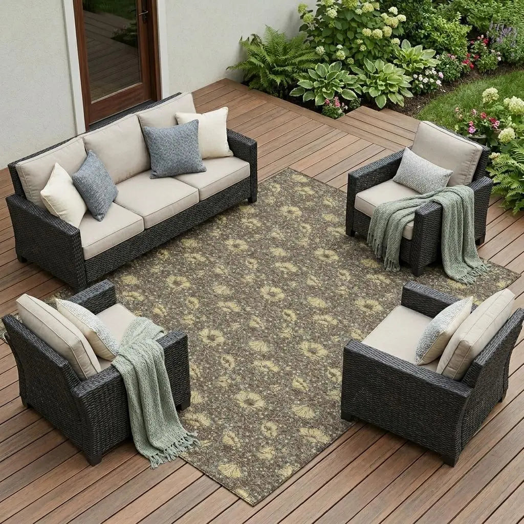 9' X 12' Brown And Coffee Floral Washable Indoor Outdoor Area Rug Homeroots Outdoor