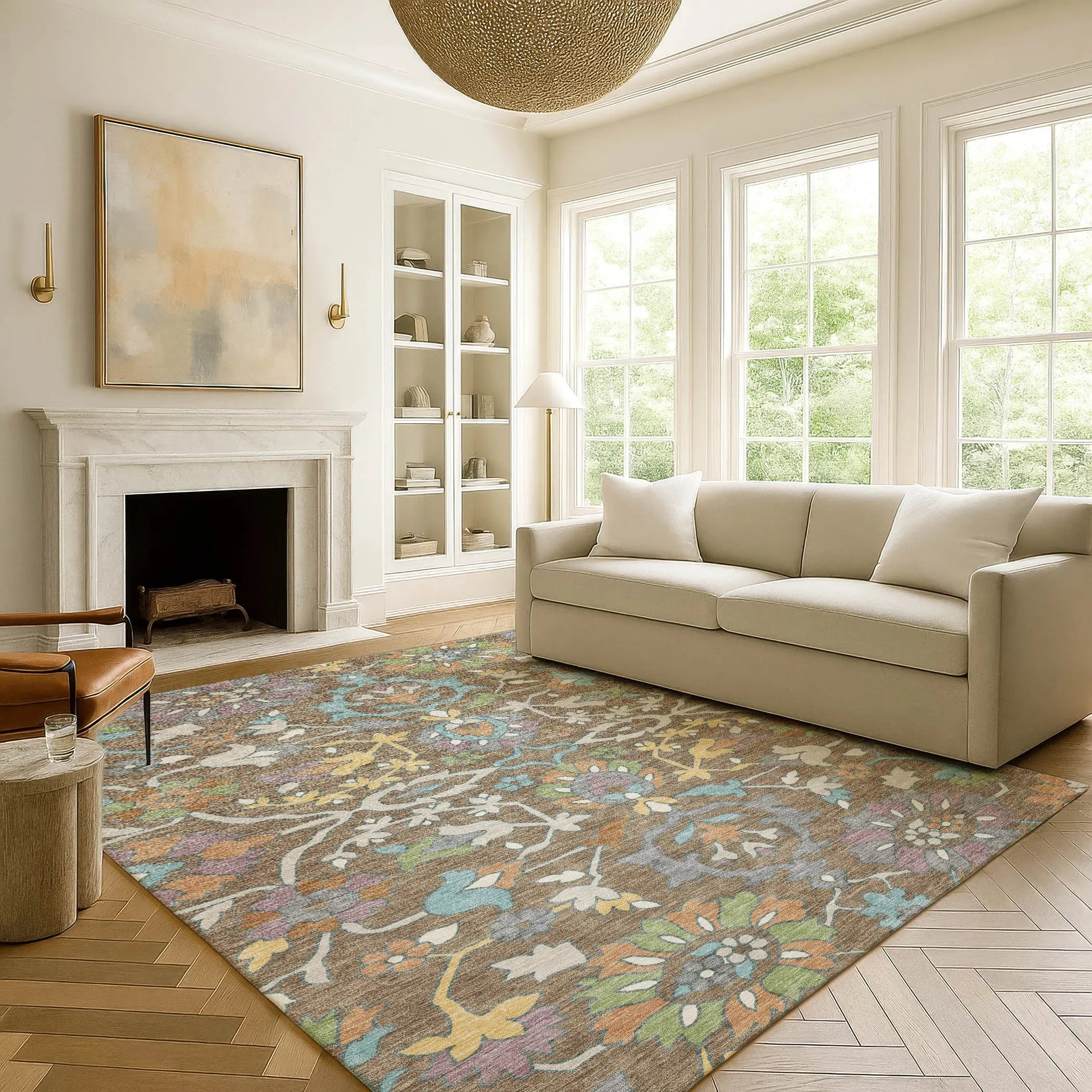 9' X 12' Brown And Copper Floral Washable Indoor Outdoor Area Rug Homeroots Outdoor