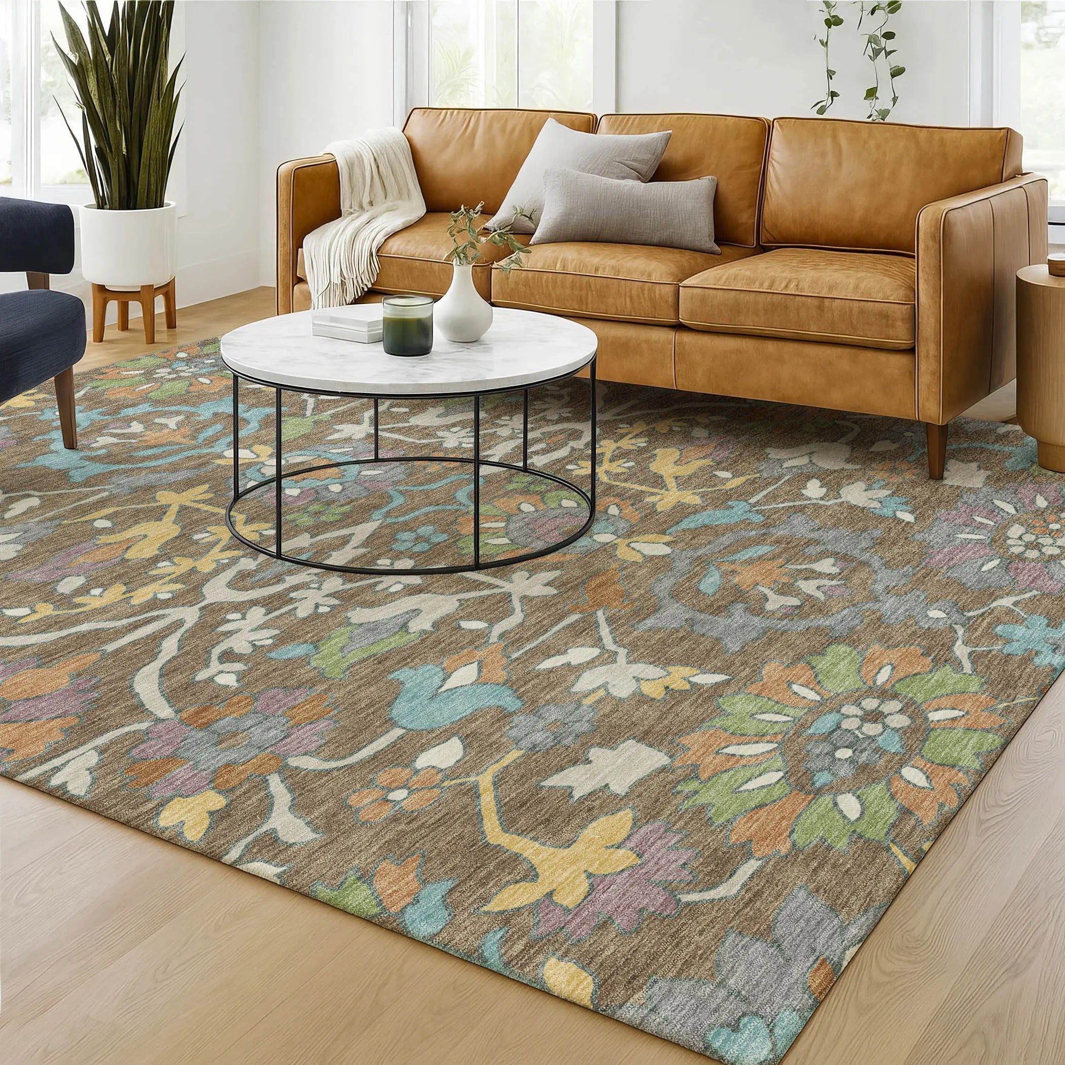 9' X 12' Brown And Copper Floral Washable Indoor Outdoor Area Rug Homeroots Outdoor