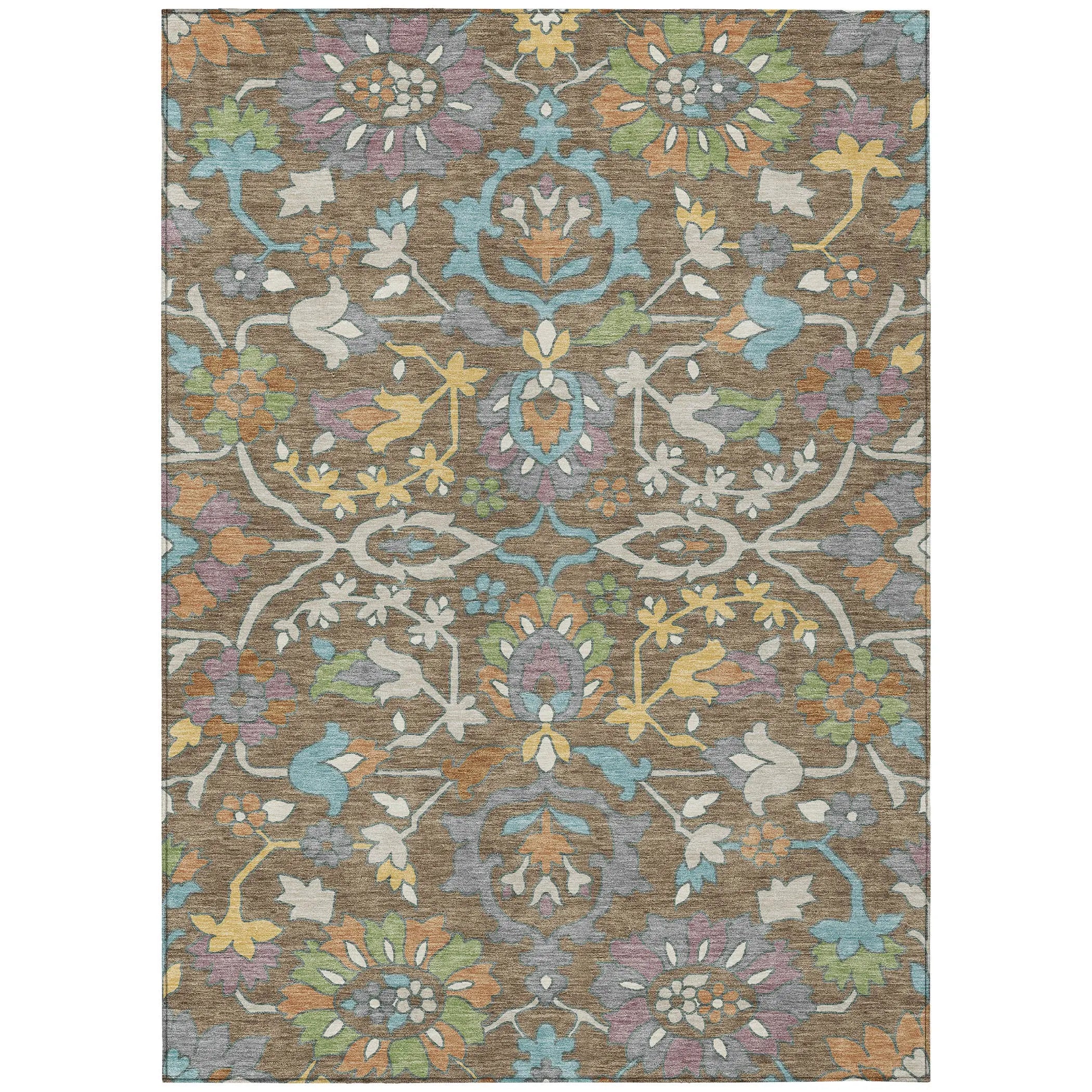 9' X 12' Brown And Copper Floral Washable Indoor Outdoor Area Rug Homeroots Outdoor