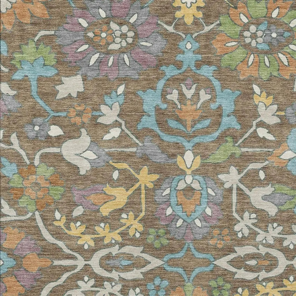 9' X 12' Brown And Copper Floral Washable Indoor Outdoor Area Rug Homeroots Outdoor