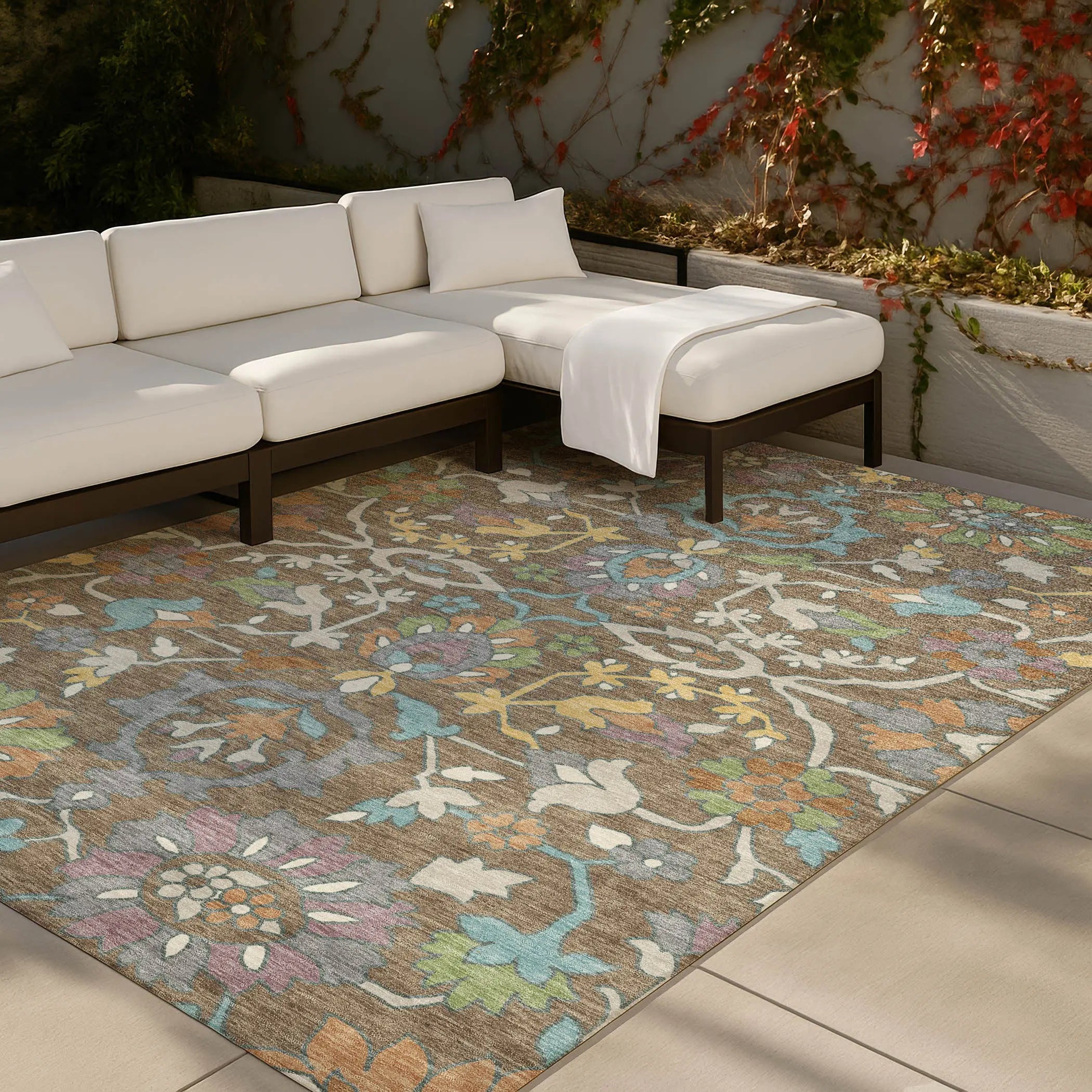 9' X 12' Brown And Copper Floral Washable Indoor Outdoor Area Rug Homeroots Outdoor