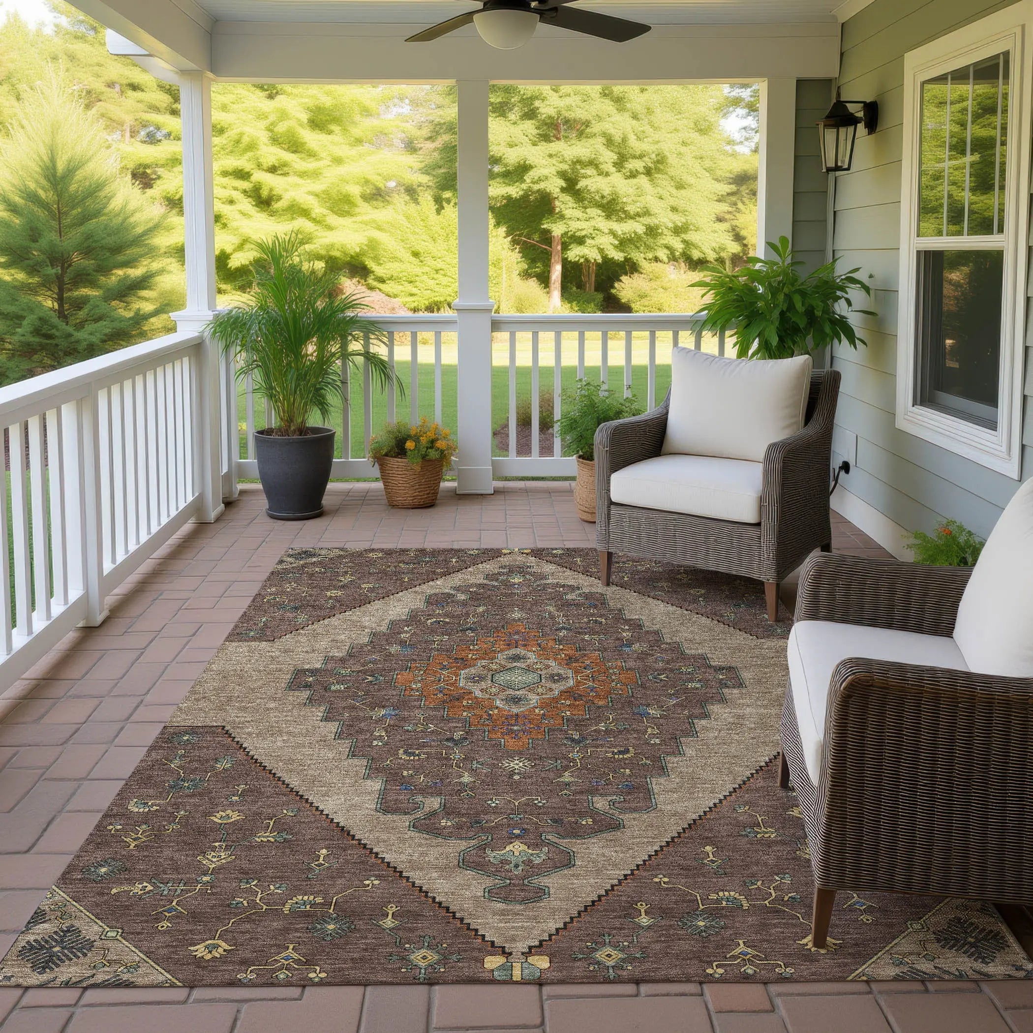 9' X 12' Brown And Gold Geometric Washable Indoor Outdoor Area Rug Homeroots Outdoor