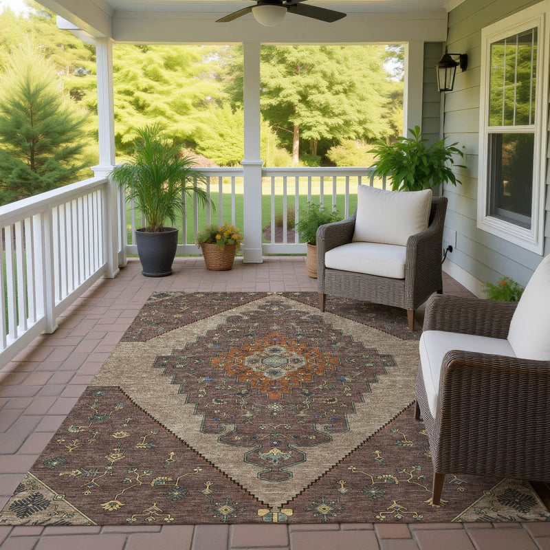 9' X 12' Brown And Gold Geometric Washable Indoor Outdoor Area Rug Homeroots Outdoor
