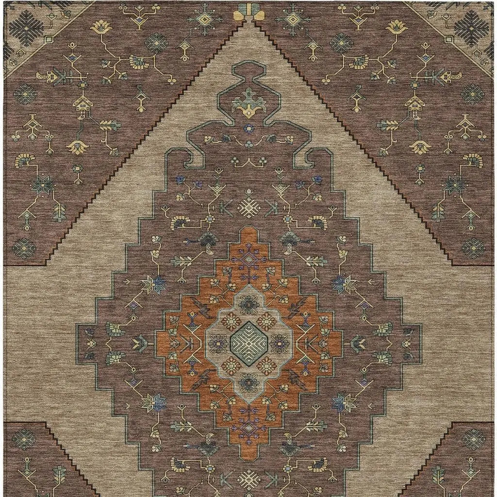 9' X 12' Brown And Gold Geometric Washable Indoor Outdoor Area Rug Homeroots Outdoor