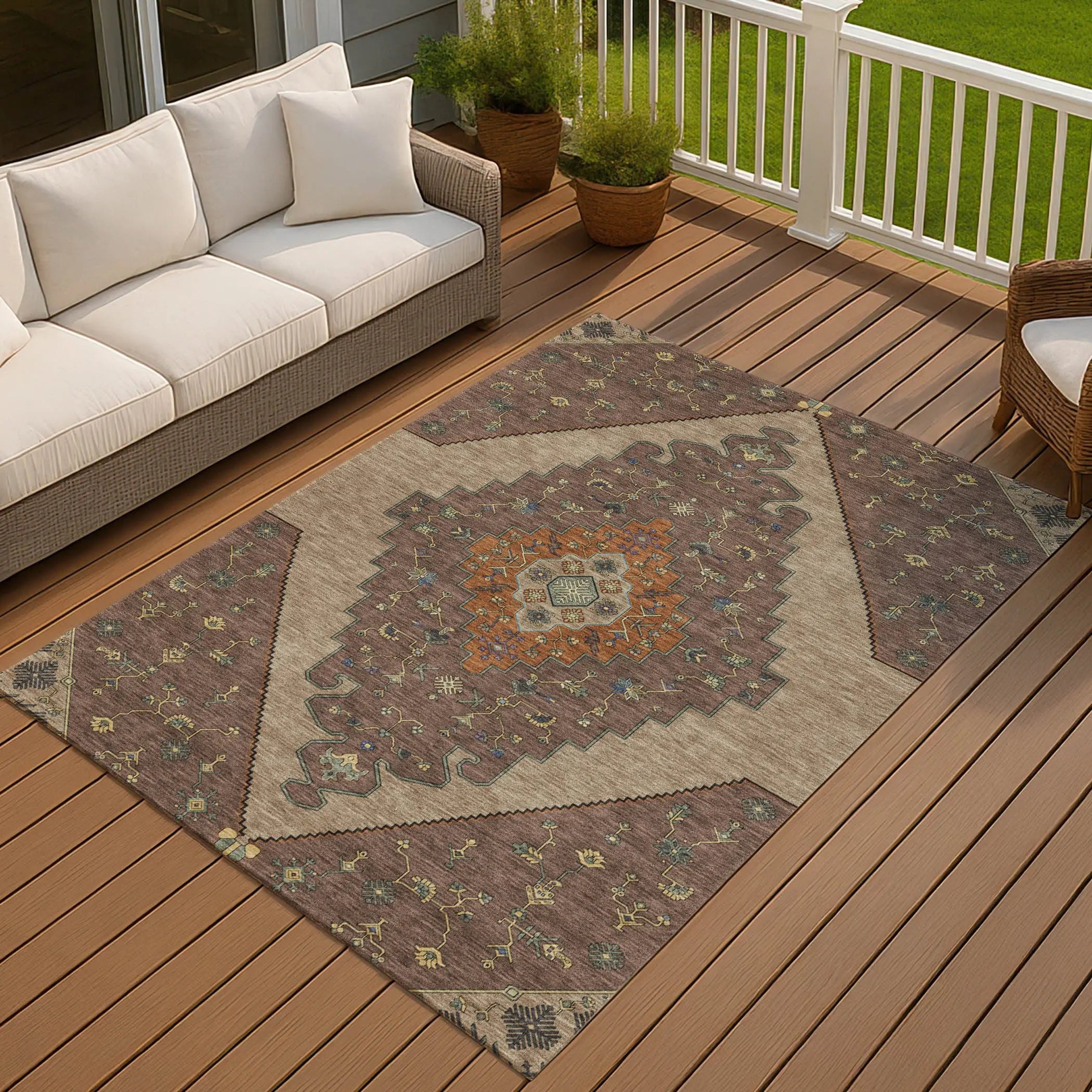 9' X 12' Brown And Gold Geometric Washable Indoor Outdoor Area Rug Homeroots Outdoor