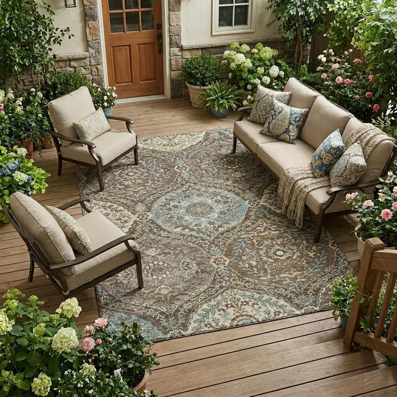 9' X 12' Brown And Graphite Ogee Washable Indoor Outdoor Area Rug Homeroots Outdoor
