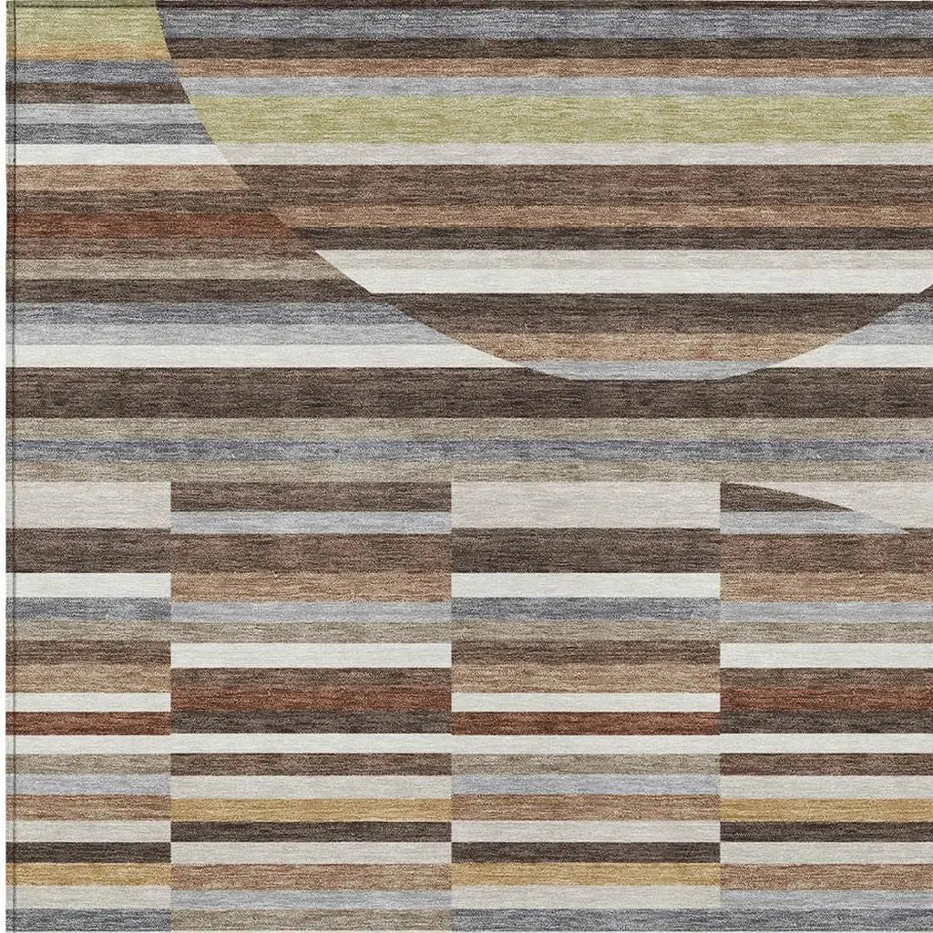 9' X 12' Brown And Gray Striped Washable Indoor Outdoor Area Rug Homeroots Outdoor