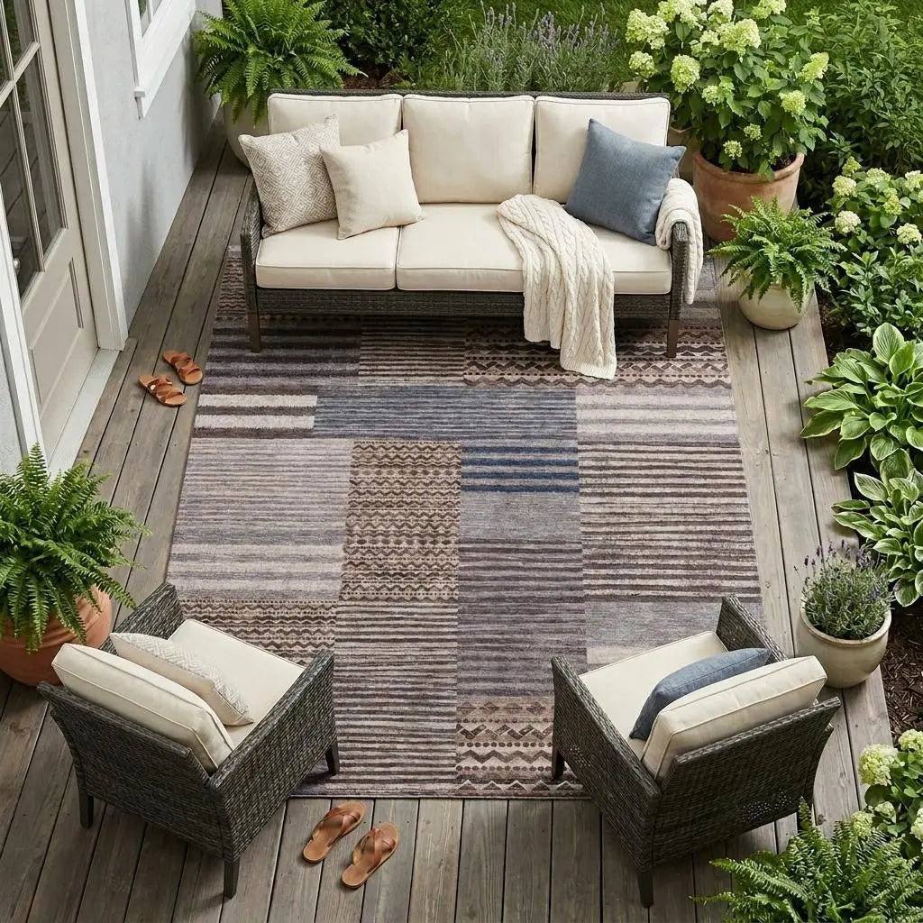 9' X 12' Brown And Gray Striped Washable Indoor Outdoor Area Rug Homeroots Outdoor