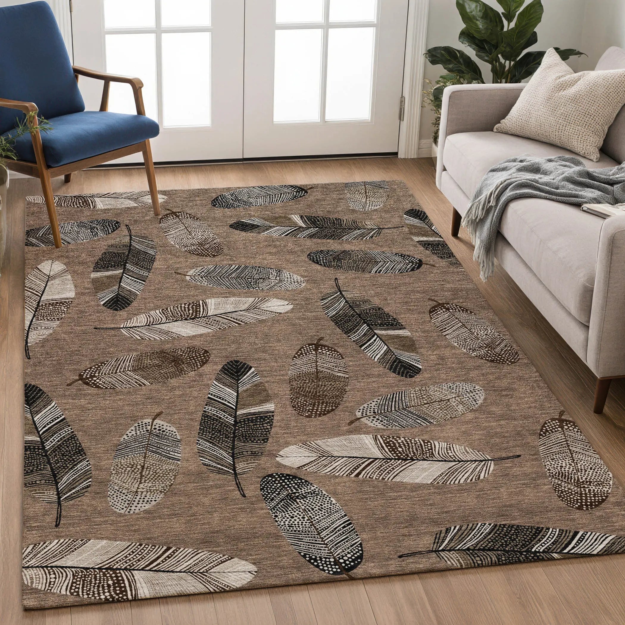 9' X 12' Brown And Ivory Botanical Leaves Washable Indoor Outdoor Area Rug Homeroots Outdoor