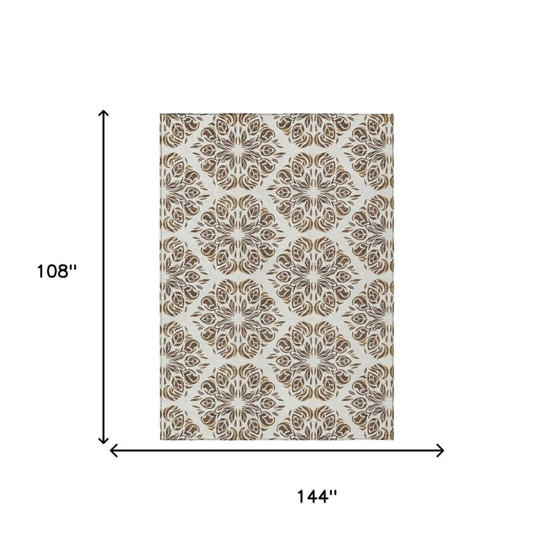 9' X 12' Brown And Ivory Damask Washable Indoor Outdoor Area Rug Homeroots Outdoor