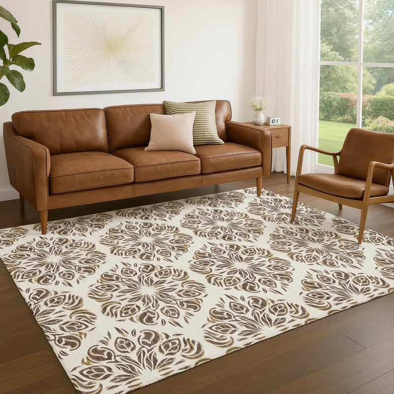 9' X 12' Brown And Ivory Damask Washable Indoor Outdoor Area Rug Homeroots Outdoor