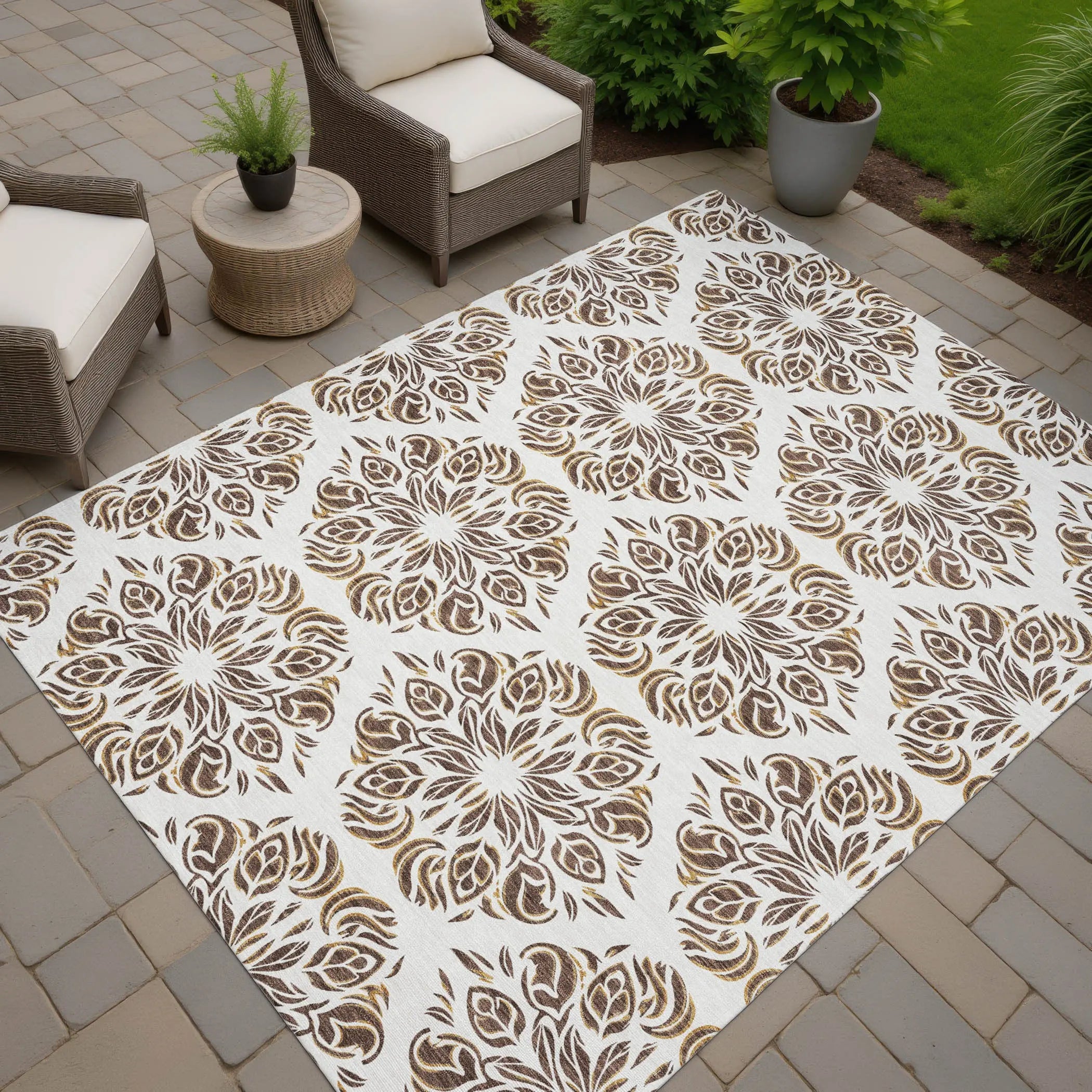 9' X 12' Brown And Ivory Damask Washable Indoor Outdoor Area Rug Homeroots Outdoor