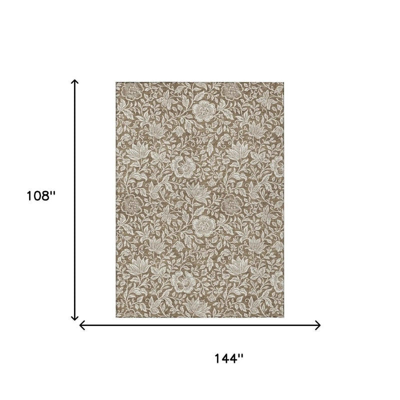 9' X 12' Brown And Ivory Floral Washable Indoor Outdoor Area Rug Homeroots Outdoor