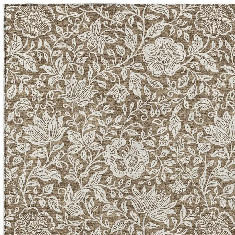 9' X 12' Brown And Ivory Floral Washable Indoor Outdoor Area Rug Homeroots Outdoor