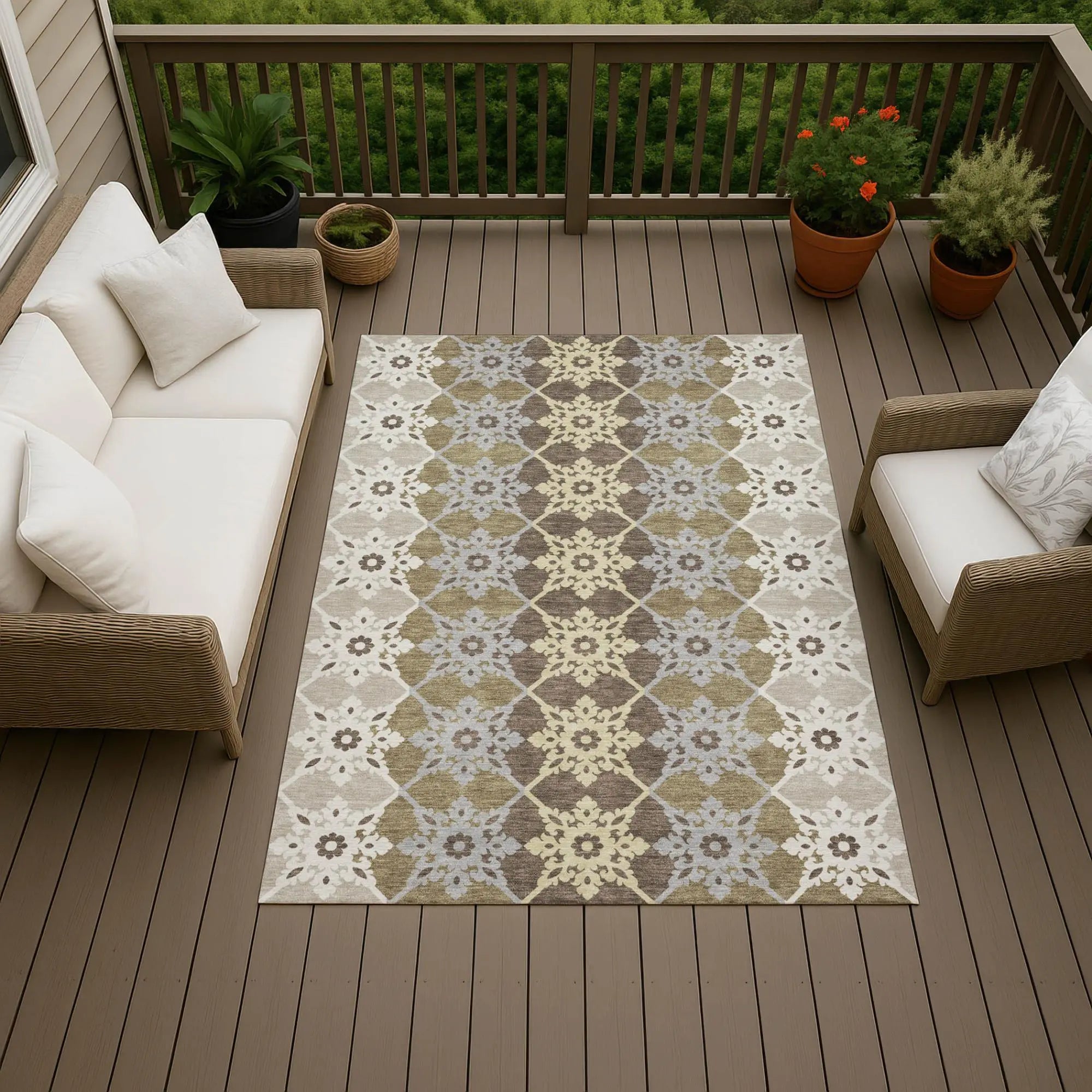 9' X 12' Brown And Pewter Floral Medallion Washable Indoor Outdoor Area Rug Homeroots Outdoor