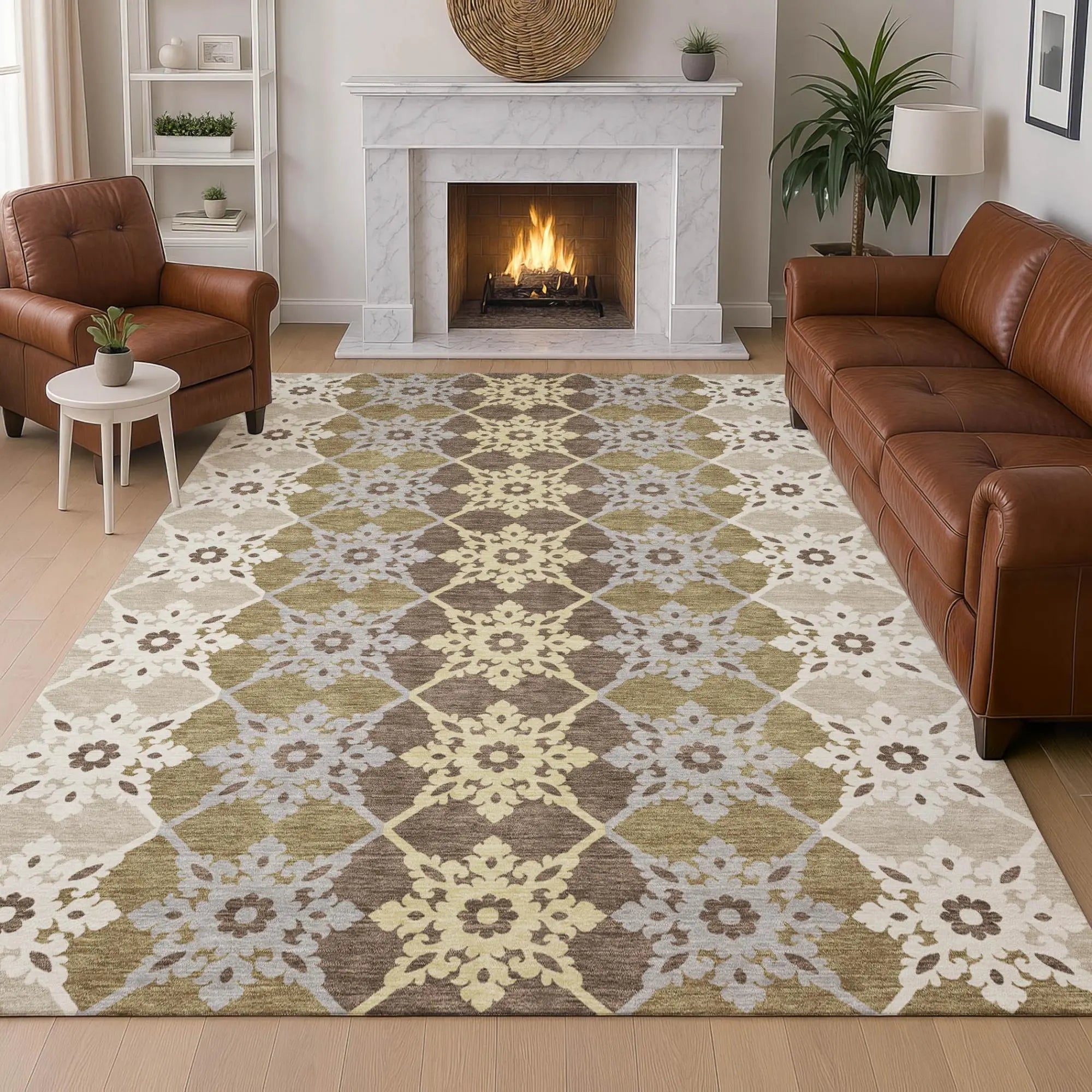 9' X 12' Brown And Pewter Floral Medallion Washable Indoor Outdoor Area Rug Homeroots Outdoor