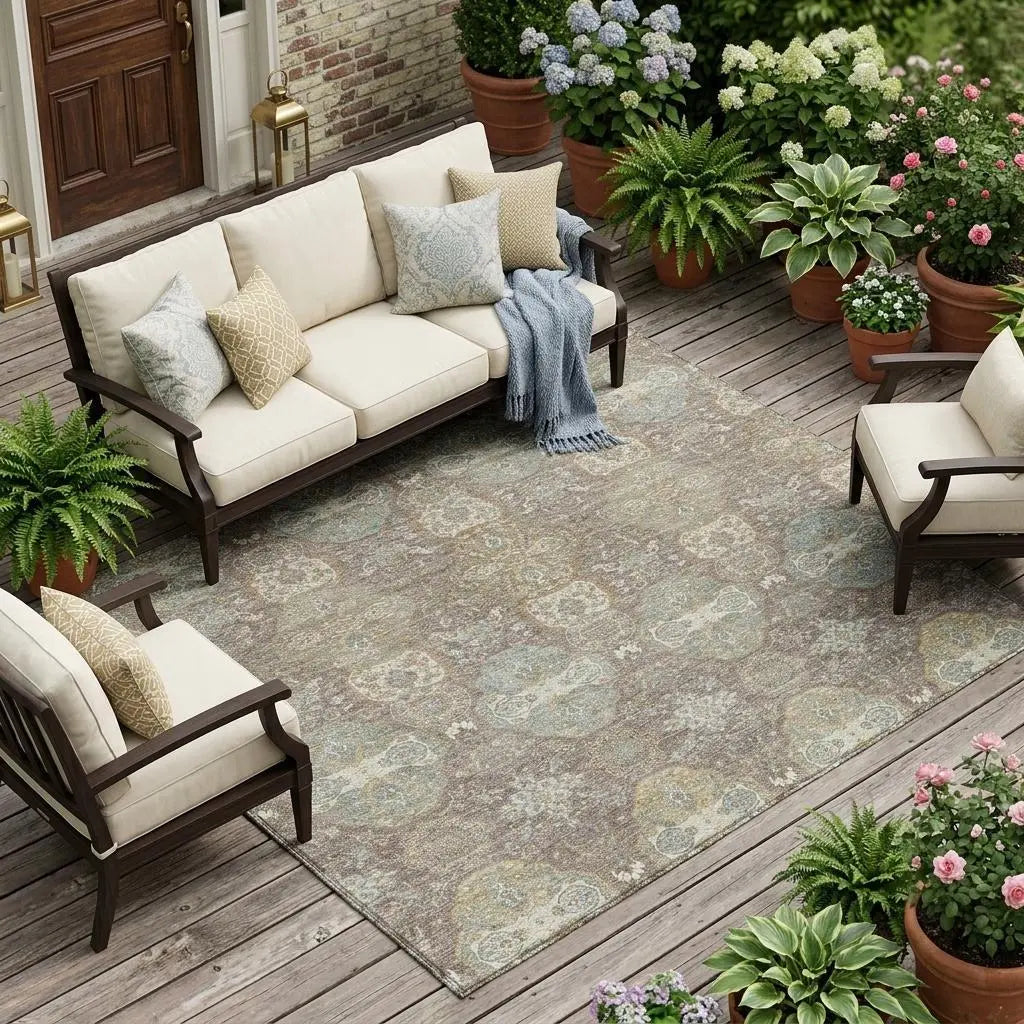 9' X 12' Brown And Sage Floral Washable Indoor Outdoor Area Rug Homeroots Outdoor