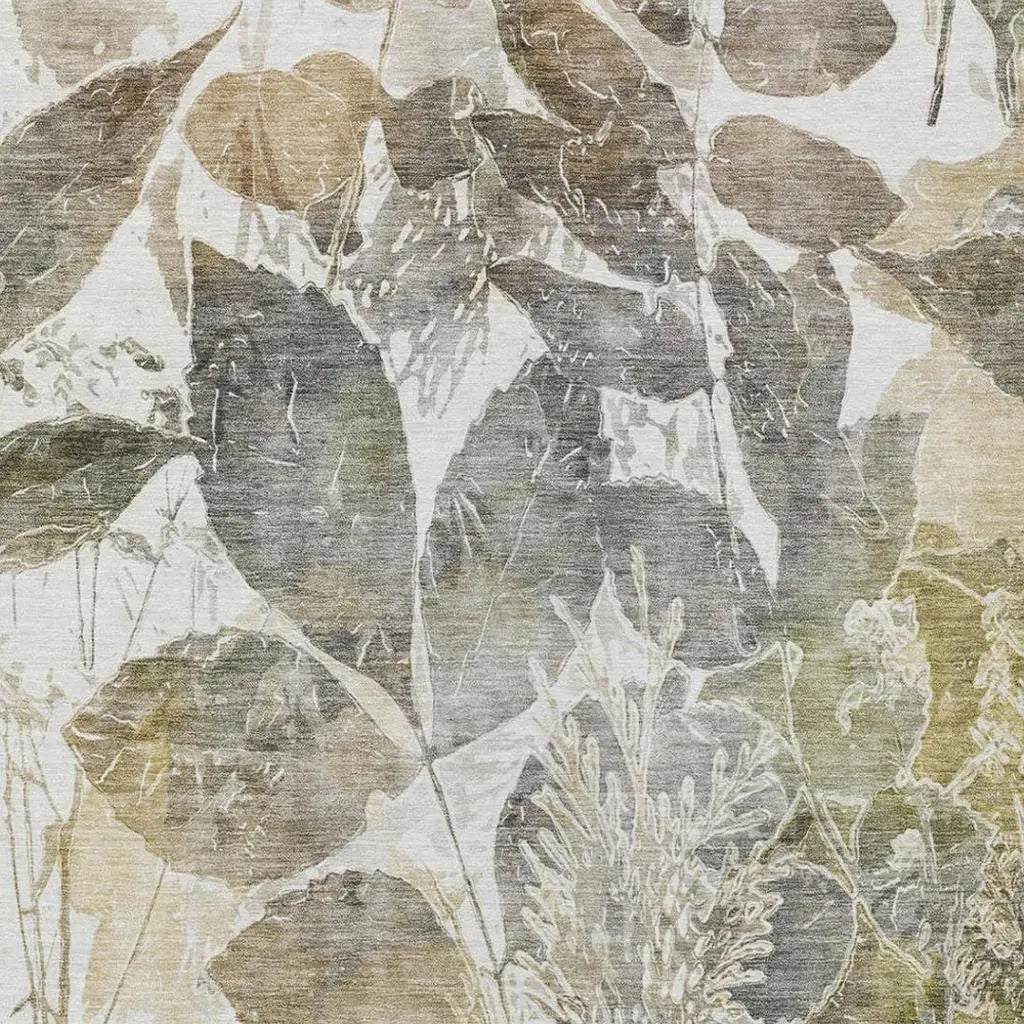 9' X 12' Brown And Silver Botanical Leaves Washable Indoor Outdoor Area Rug Homeroots Outdoor