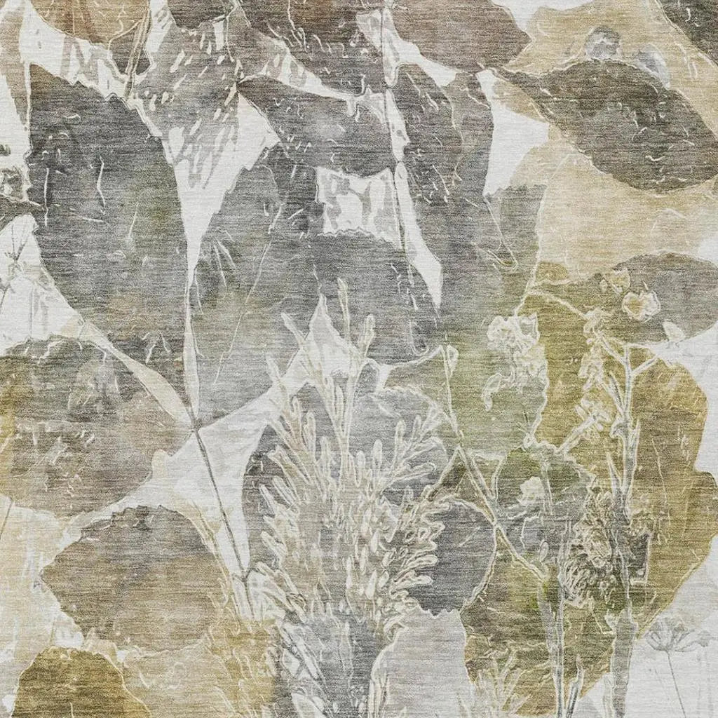 9' X 12' Brown And Silver Botanical Leaves Washable Indoor Outdoor Area Rug Homeroots Outdoor
