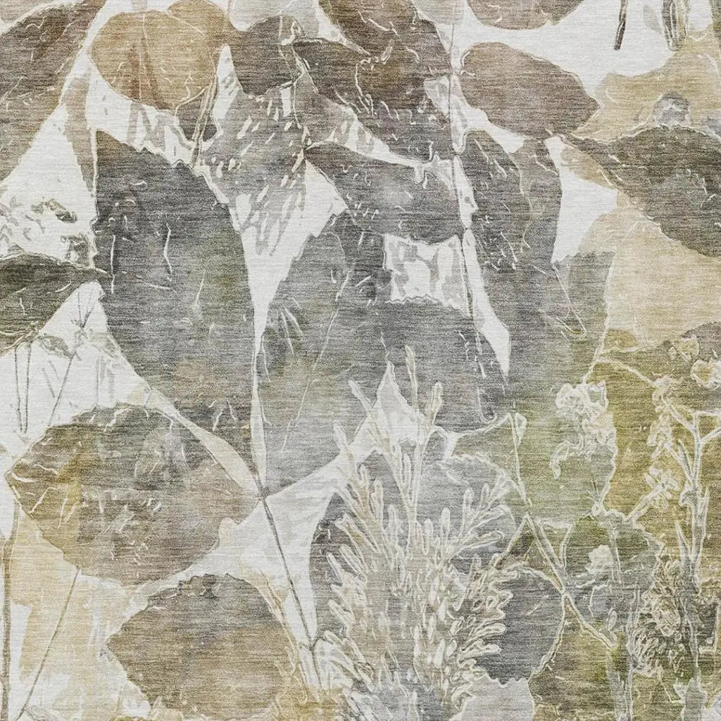 9' X 12' Brown And Silver Botanical Leaves Washable Indoor Outdoor Area Rug Homeroots Outdoor