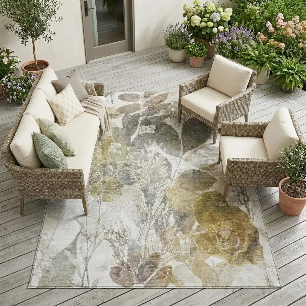 9' X 12' Brown And Silver Botanical Leaves Washable Indoor Outdoor Area Rug Homeroots Outdoor