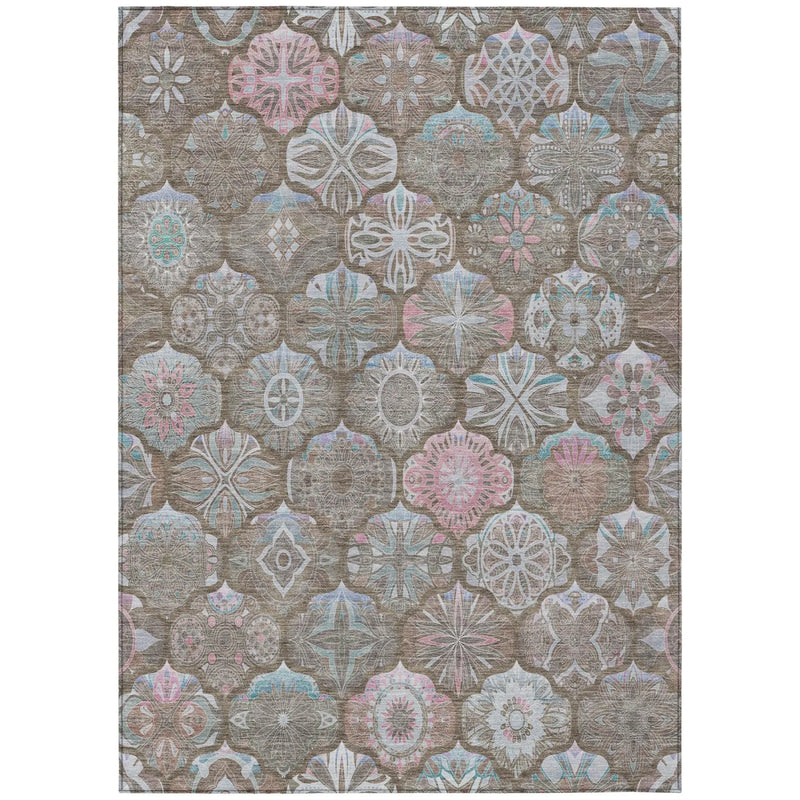 9' X 12' Brown And Silver Ogee Washable Indoor Outdoor Area Rug Homeroots Outdoor
