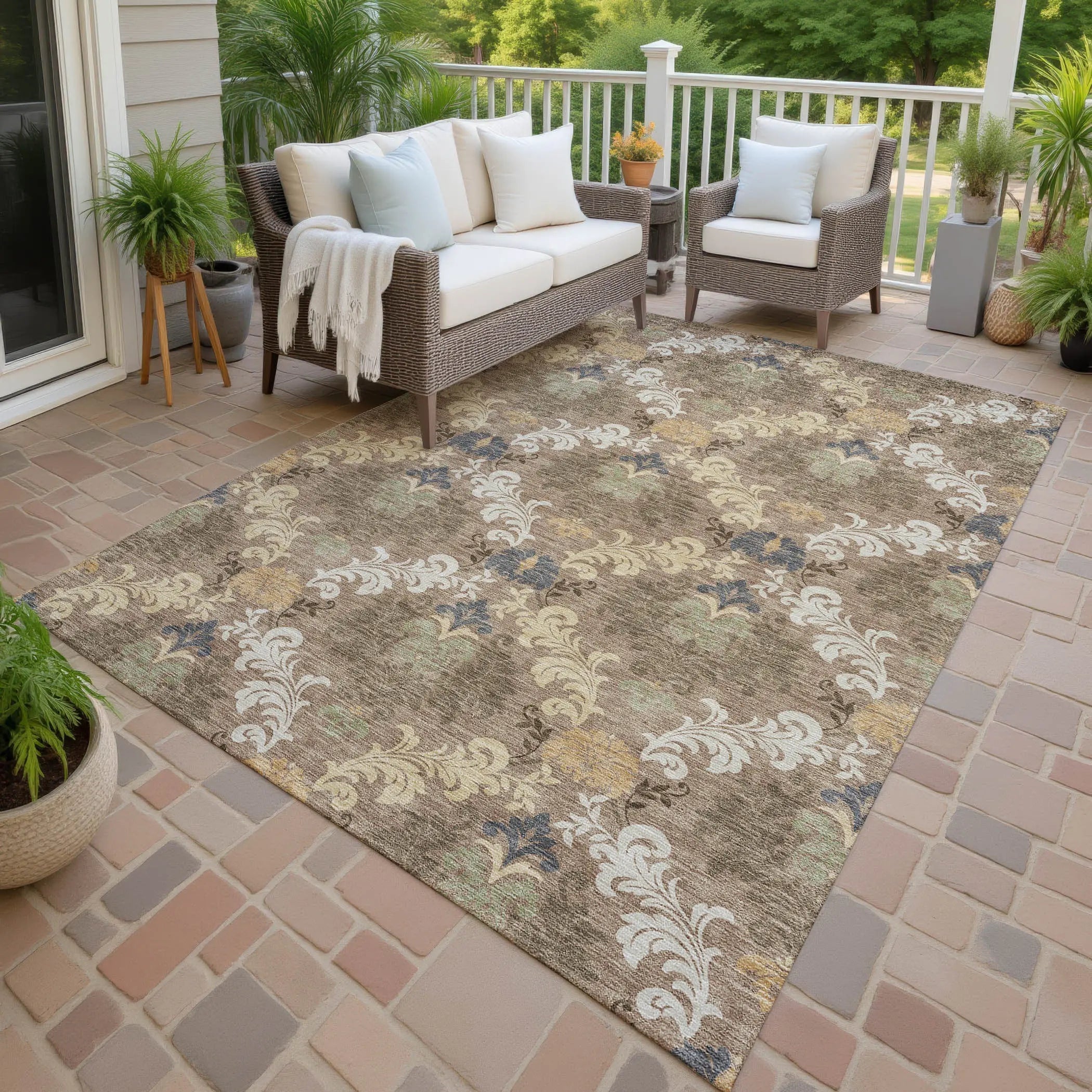 9' X 12' Brown And Taupe Damask Washable Indoor Outdoor Area Rug Homeroots Outdoor