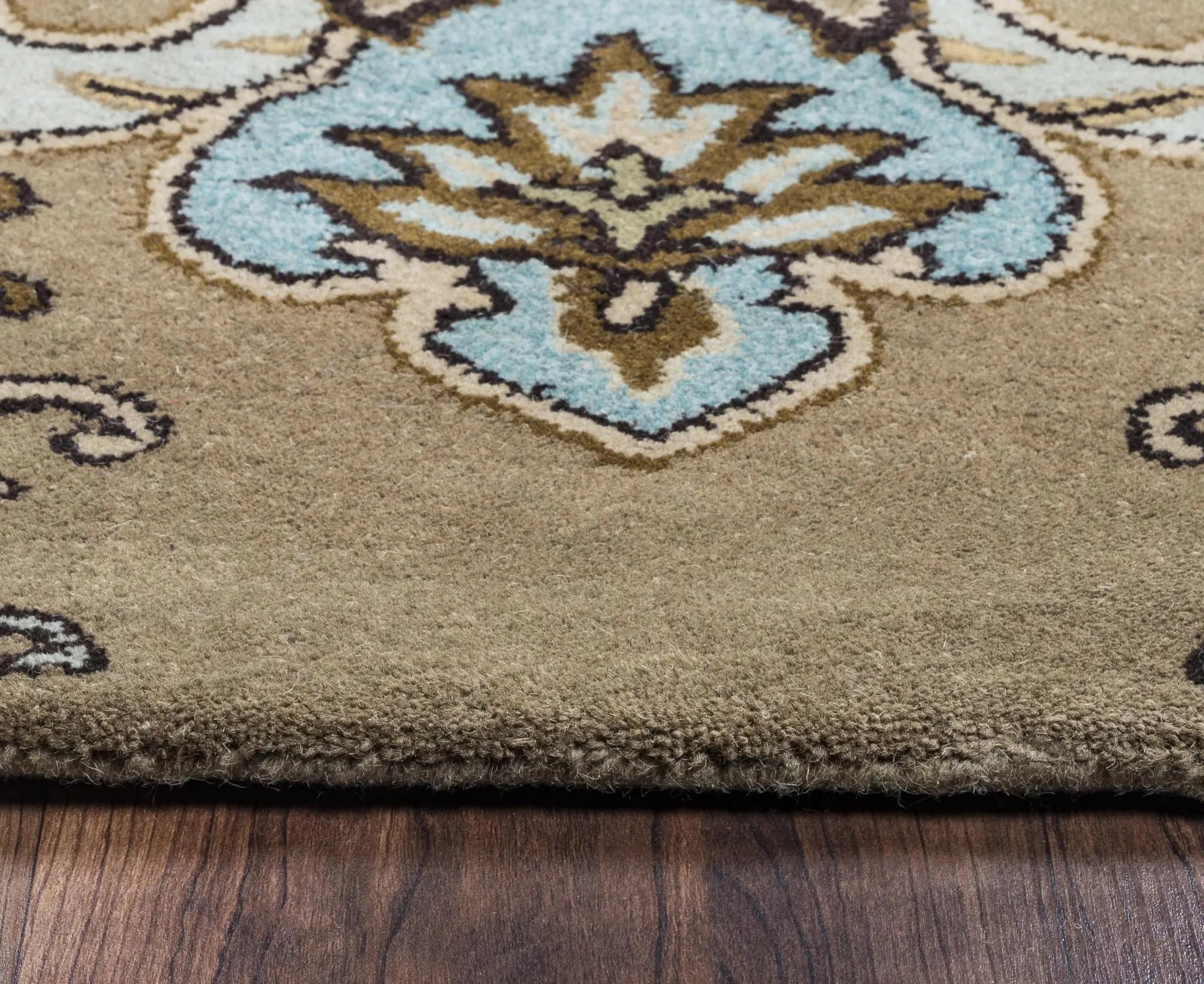9' X 12' Brown Dark Brown Blue Khaki And Tan Wool Damask Hand Tufted Area Rug Homeroots Home Decor