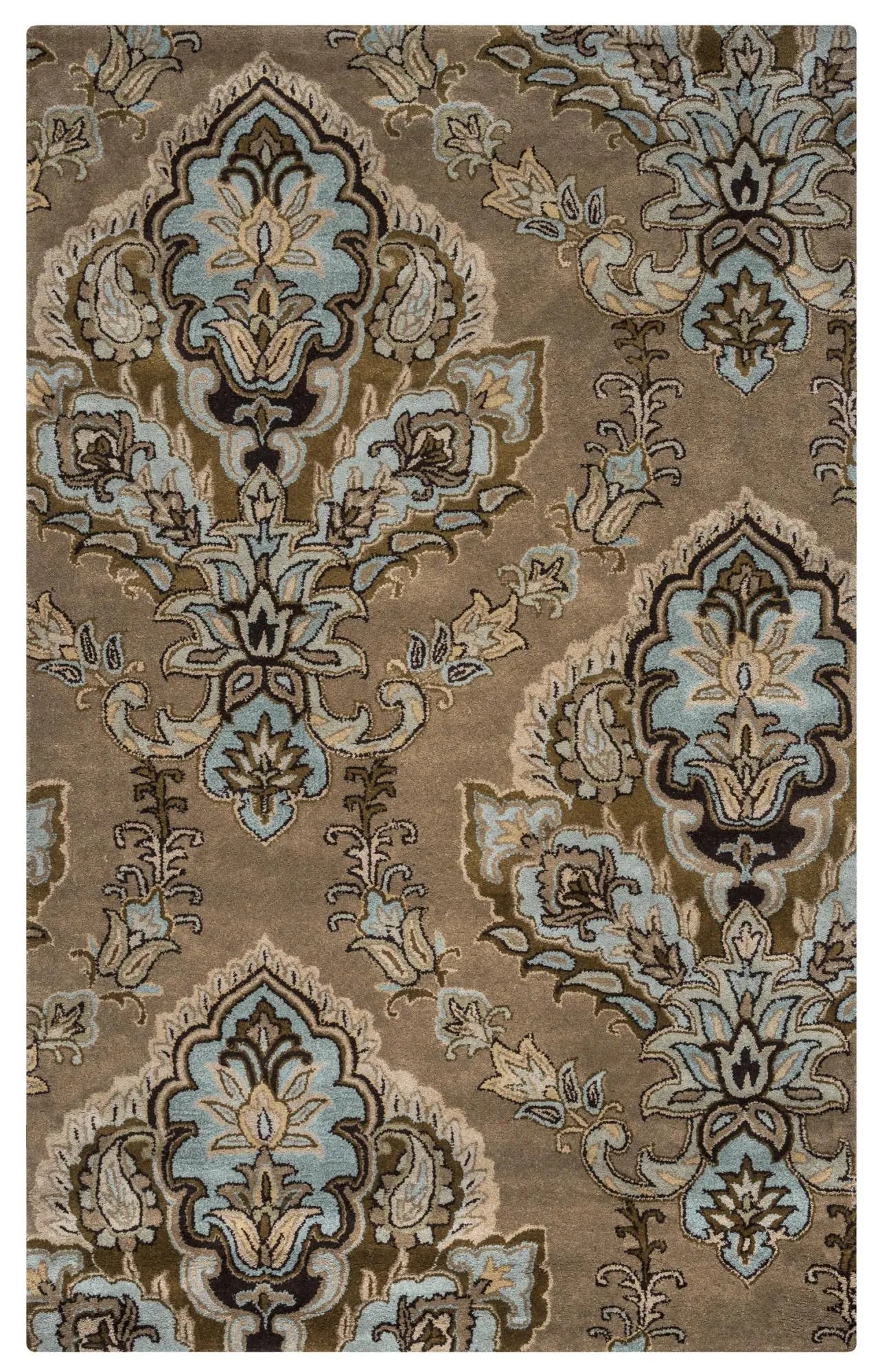 9' X 12' Brown Dark Brown Blue Khaki And Tan Wool Damask Hand Tufted Area Rug Homeroots Home Decor