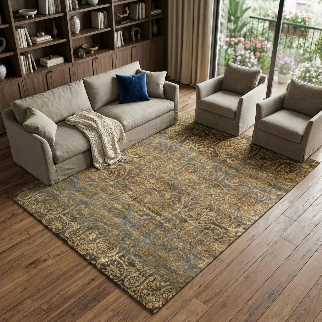9' X 12' Brown Gold And Blue Wool Paisley Hand Knotted Area Rug Homeroots Home Decor