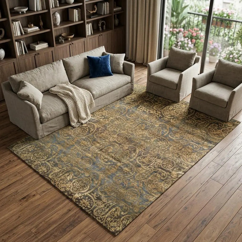 9' X 12' Brown Gold And Blue Wool Paisley Hand Knotted Area Rug Homeroots Home Decor